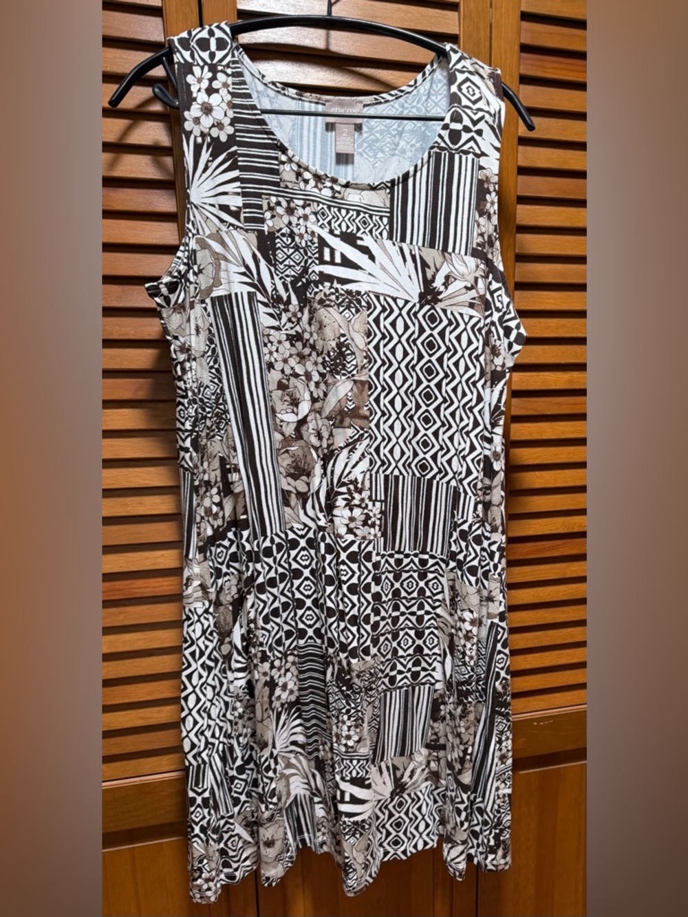 Chico’s Black, Cream &Brown Patchwork-Look Print Sleeveless Dress Size 2 (Large)